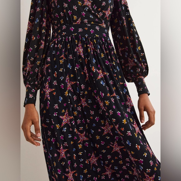 Boden Blouson Sleeve Fixed Wrap Jersey Midi Dress Black Star Floral 2 P NWT - Picture 5 of 16
